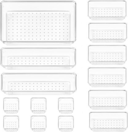 15-teiliges Schubladen Organizer Set aus transparentem Kunststoff für Büro, Kosmetik und Küche